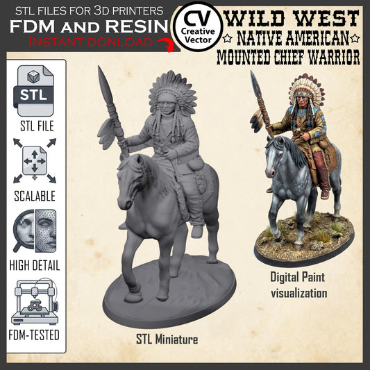 Wild West NATIVE AMERICAN MOUNTED CHIEF WARRIOR STL File for 3D Print Miniature Indians