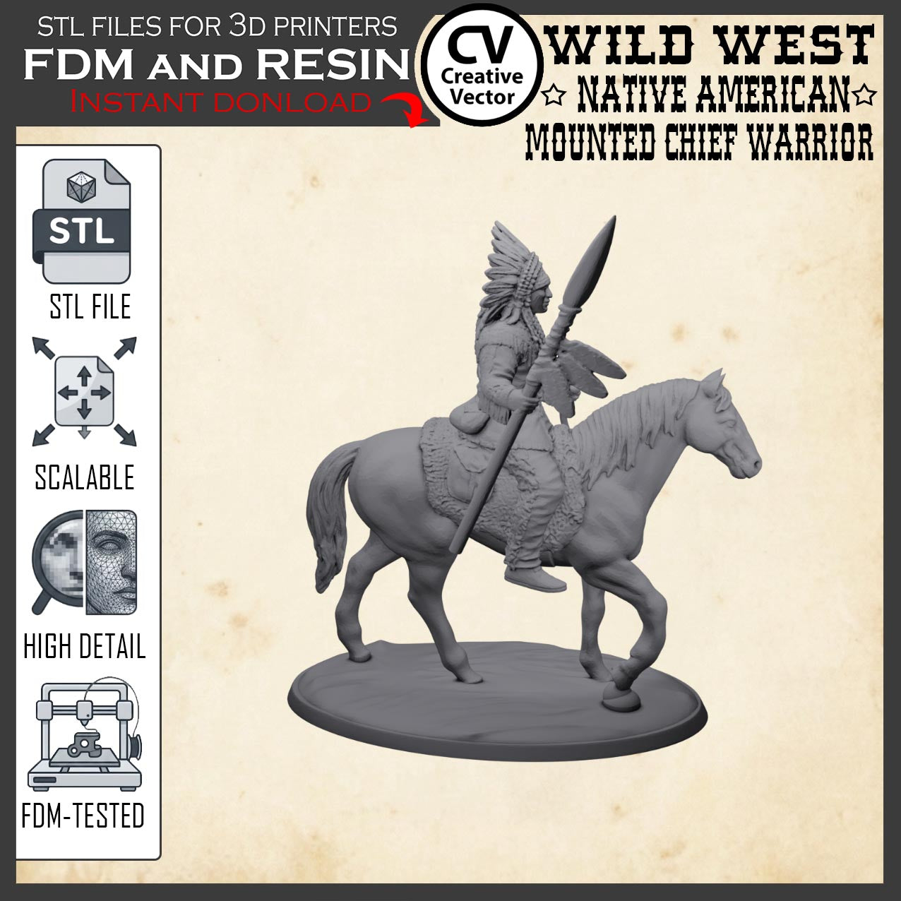 Wild West NATIVE AMERICAN MOUNTED CHIEF WARRIOR STL File for 3D Print Miniature