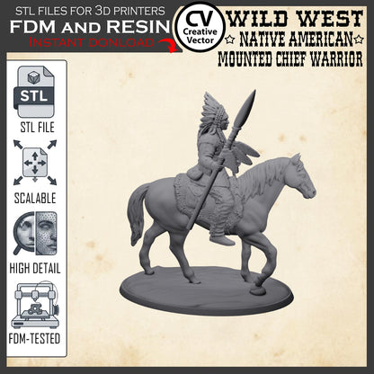 Wild West NATIVE AMERICAN MOUNTED CHIEF WARRIOR STL File for 3D Print Miniature