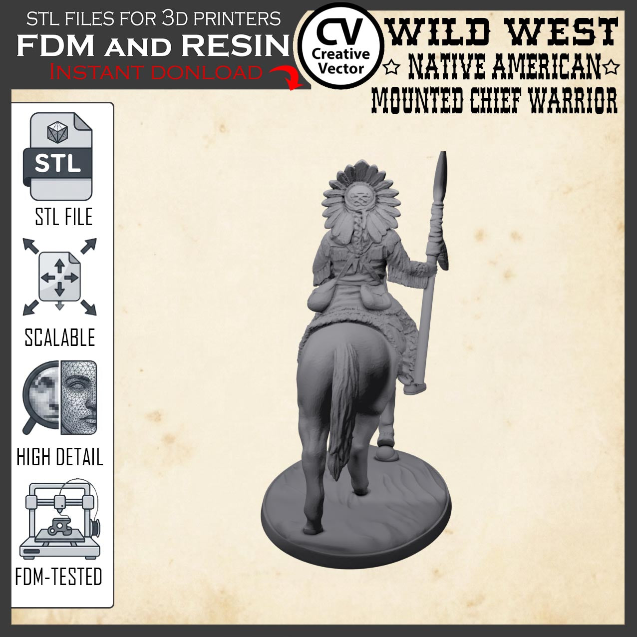 Wild West NATIVE AMERICAN MOUNTED CHIEF WARRIOR STL File for 3D Print Miniature