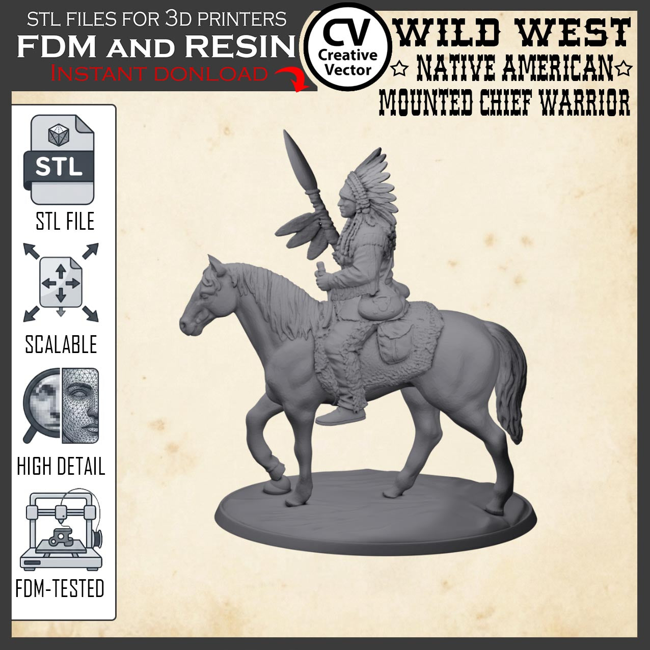 Wild West NATIVE AMERICAN MOUNTED CHIEF WARRIOR STL File for 3D Print Miniature