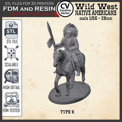 Wild West NATIVE AMERICAN MOUNTED CHIEF WARRIOR STL File for 3D Print Miniature Indians
