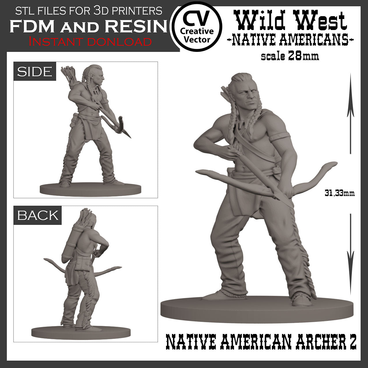 7 STL Files for 3D Printer Wild West NATIVE AMERICANS in 28mm