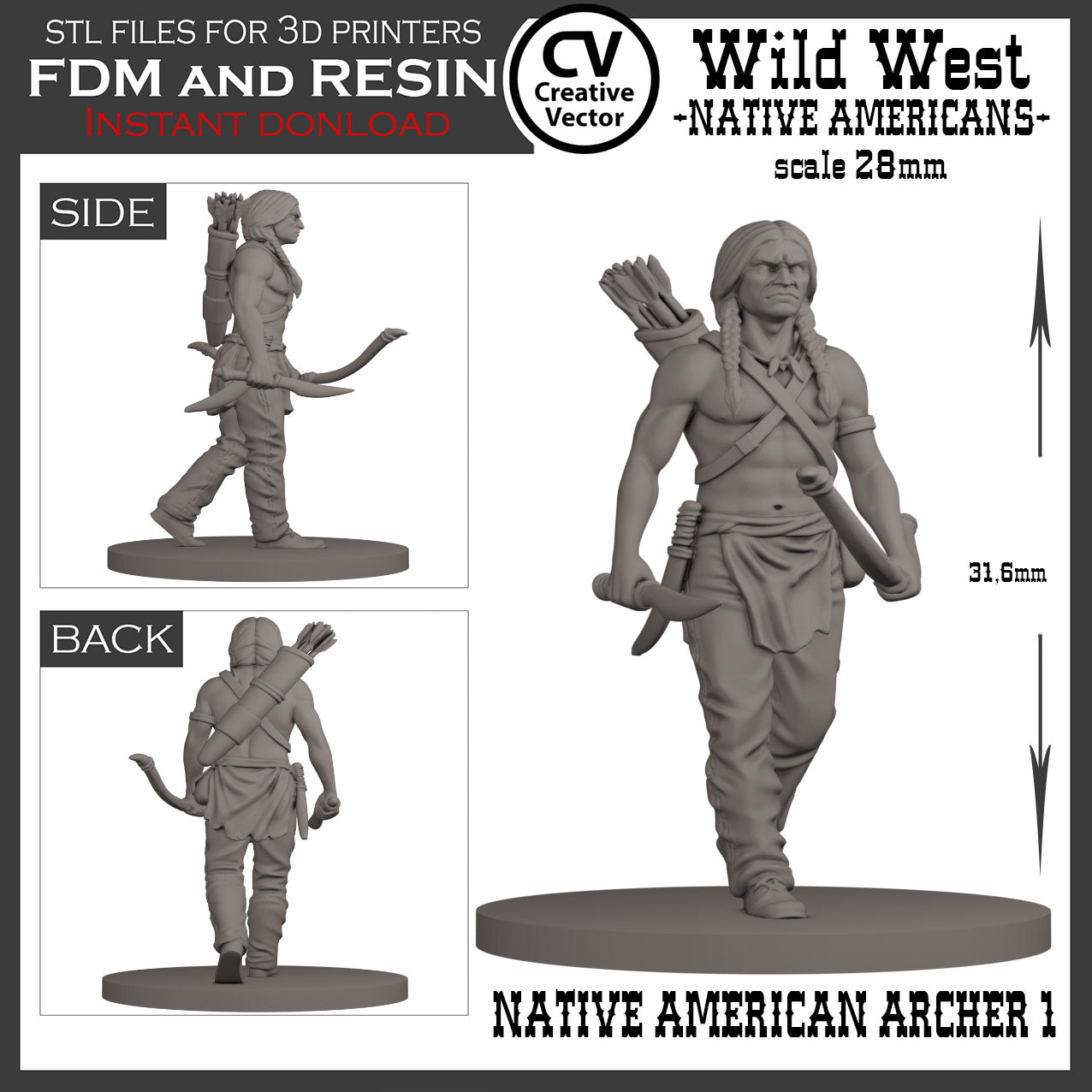 7 STL Files for 3D Printer Wild West NATIVE AMERICANS in 28mm
