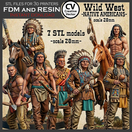 7 STL Files for 3D Printer Wild West NATIVE AMERICANS in 28mm
