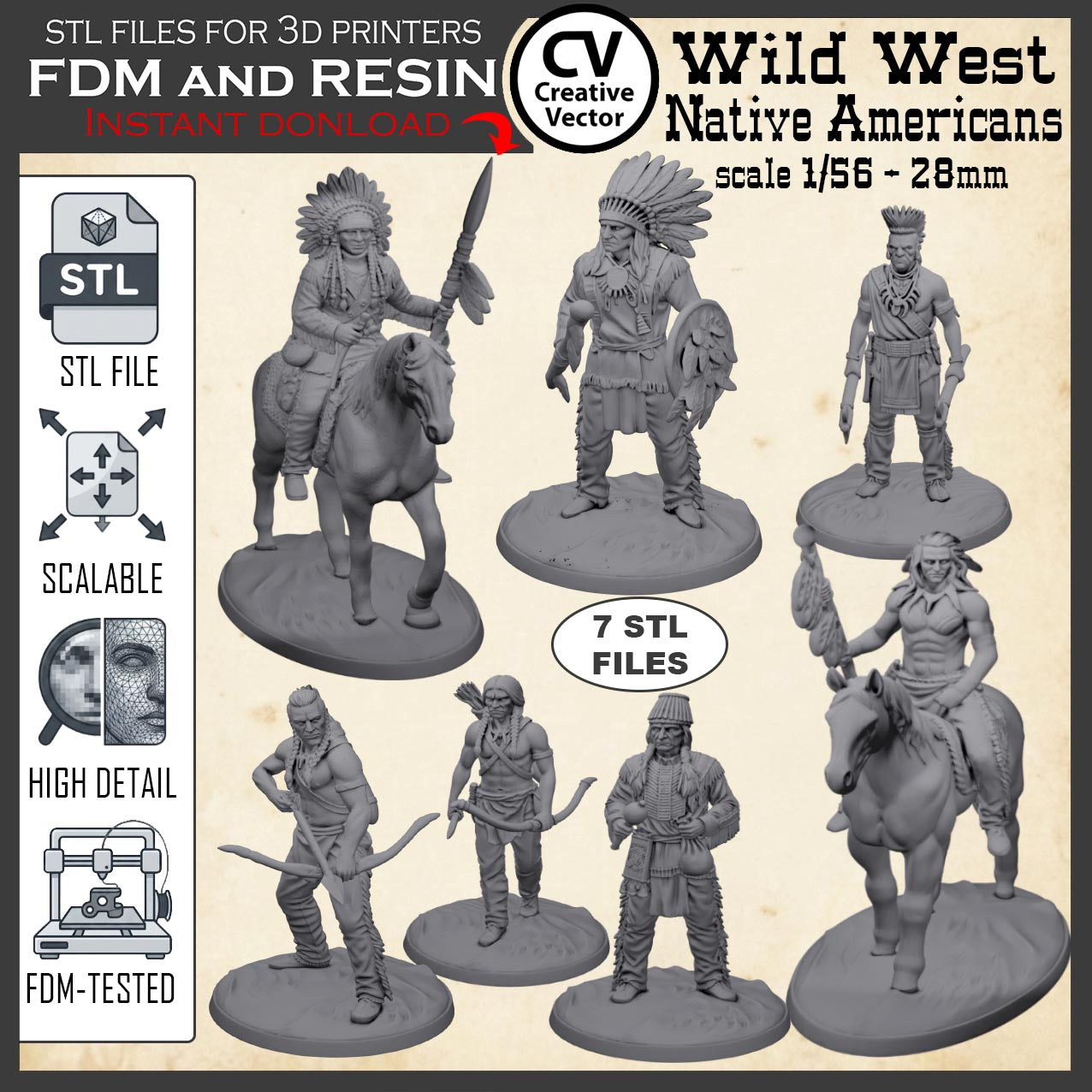 7 STL files Bundle NATIVE AMERICANS Wild West for 3D Print Miniatures Indians