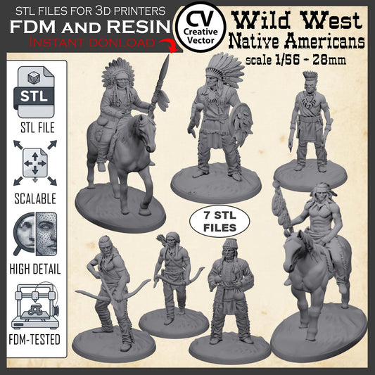 7 STL files Bundle NATIVE AMERICANS Wild West for 3D Print Miniatures Indians