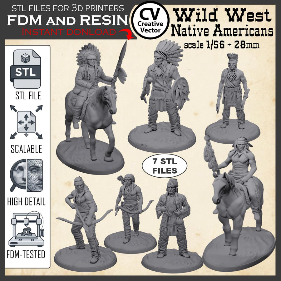 7 STL files Bundle NATIVE AMERICANS Wild West for 3D Print Miniatures Indians