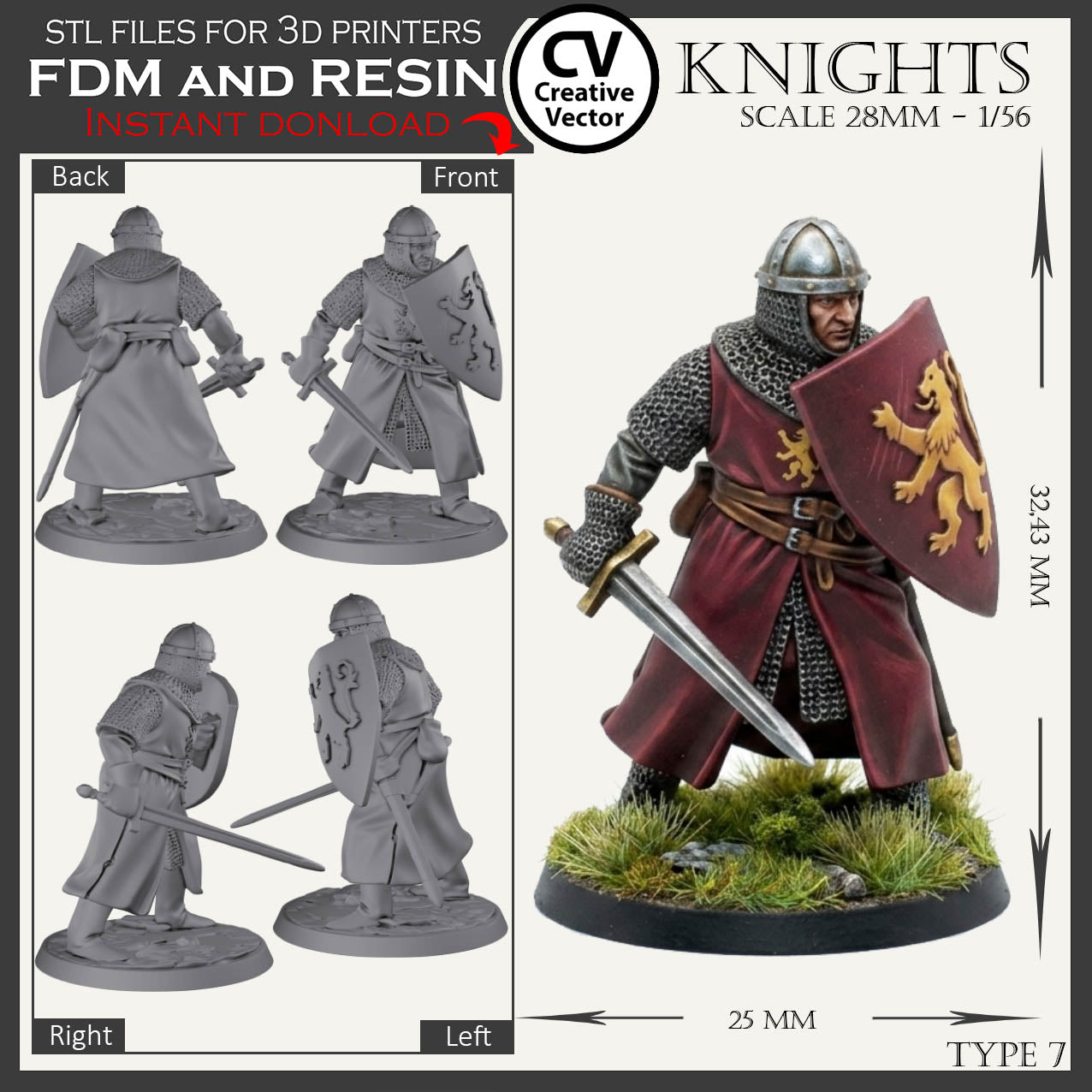 7 STL Files for 3D Printer KNIGHTS SET in scale 28mm 1/56