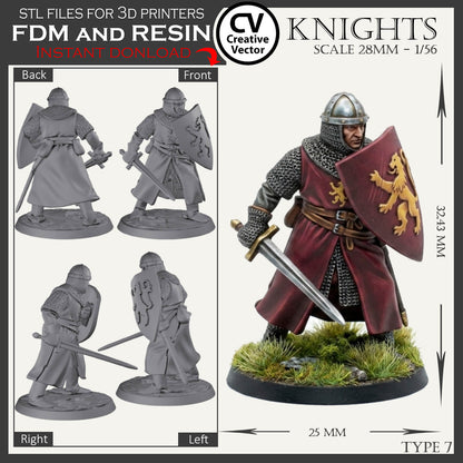 7 STL Files for 3D Printer KNIGHTS SET in scale 28mm 1/56