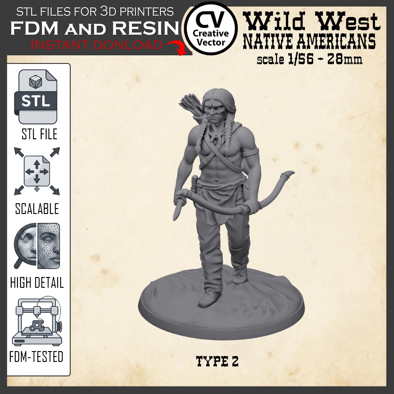 Wild West NATIVE AMERICAN ARCHER WARRIOR STL File for 3D Print Miniature Indians