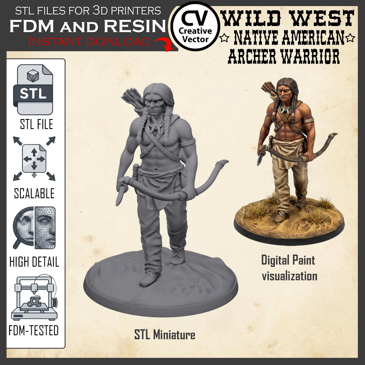Wild West NATIVE AMERICAN ARCHER WARRIOR STL File for 3D Print Miniature