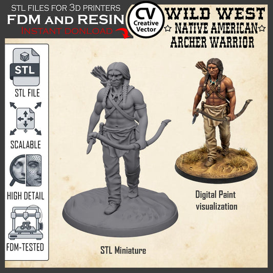 Wild West NATIVE AMERICAN ARCHER WARRIOR STL File for 3D Print Miniature Indians