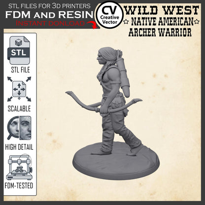 Wild West NATIVE AMERICAN ARCHER WARRIOR STL File for 3D Print Miniature