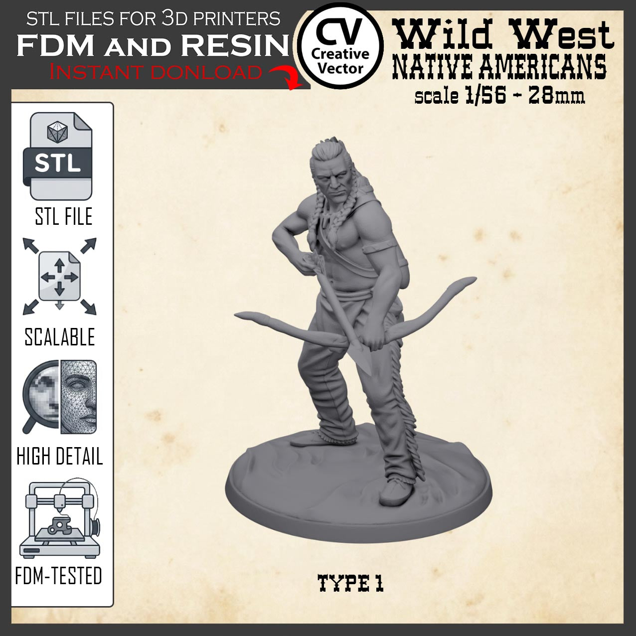 Wild West NATIVE AMERICAN ARCHER 2 WARRIOR STL File for 3D Print Miniature Indians