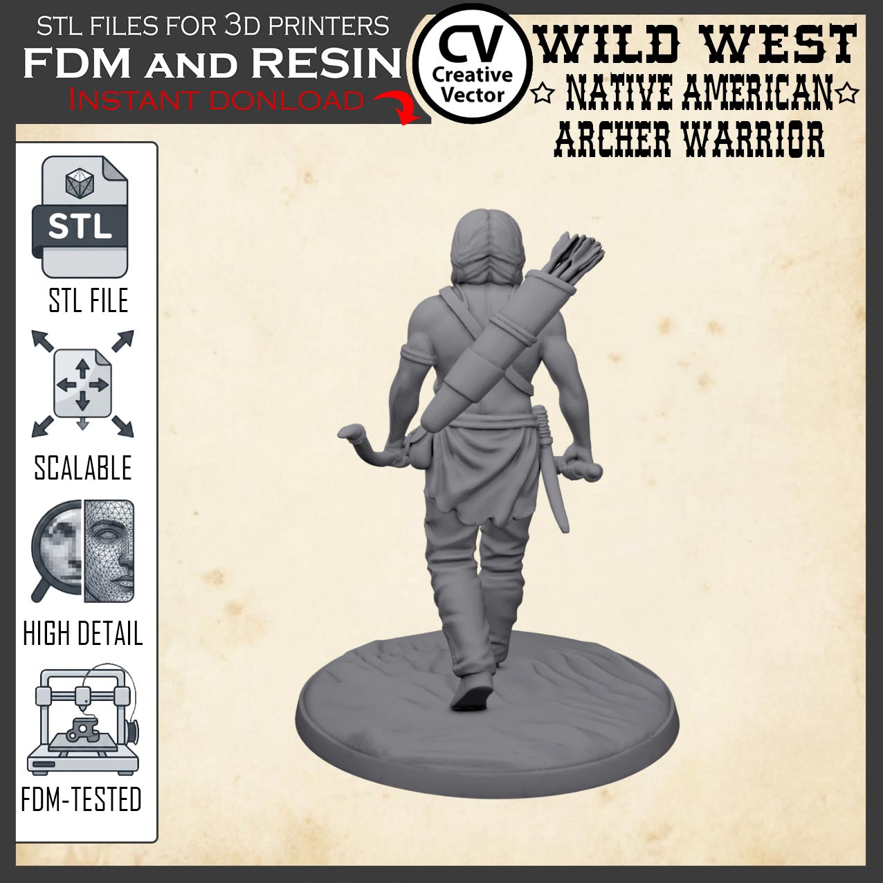 Wild West NATIVE AMERICAN ARCHER WARRIOR STL File for 3D Print Miniature