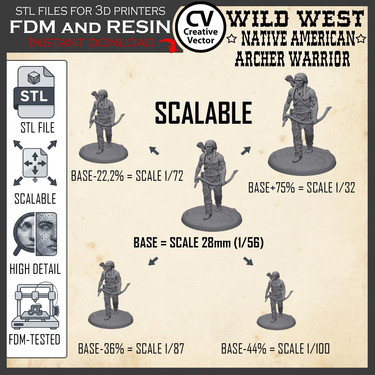 Wild West NATIVE AMERICAN ARCHER WARRIOR STL File for 3D Print Miniature