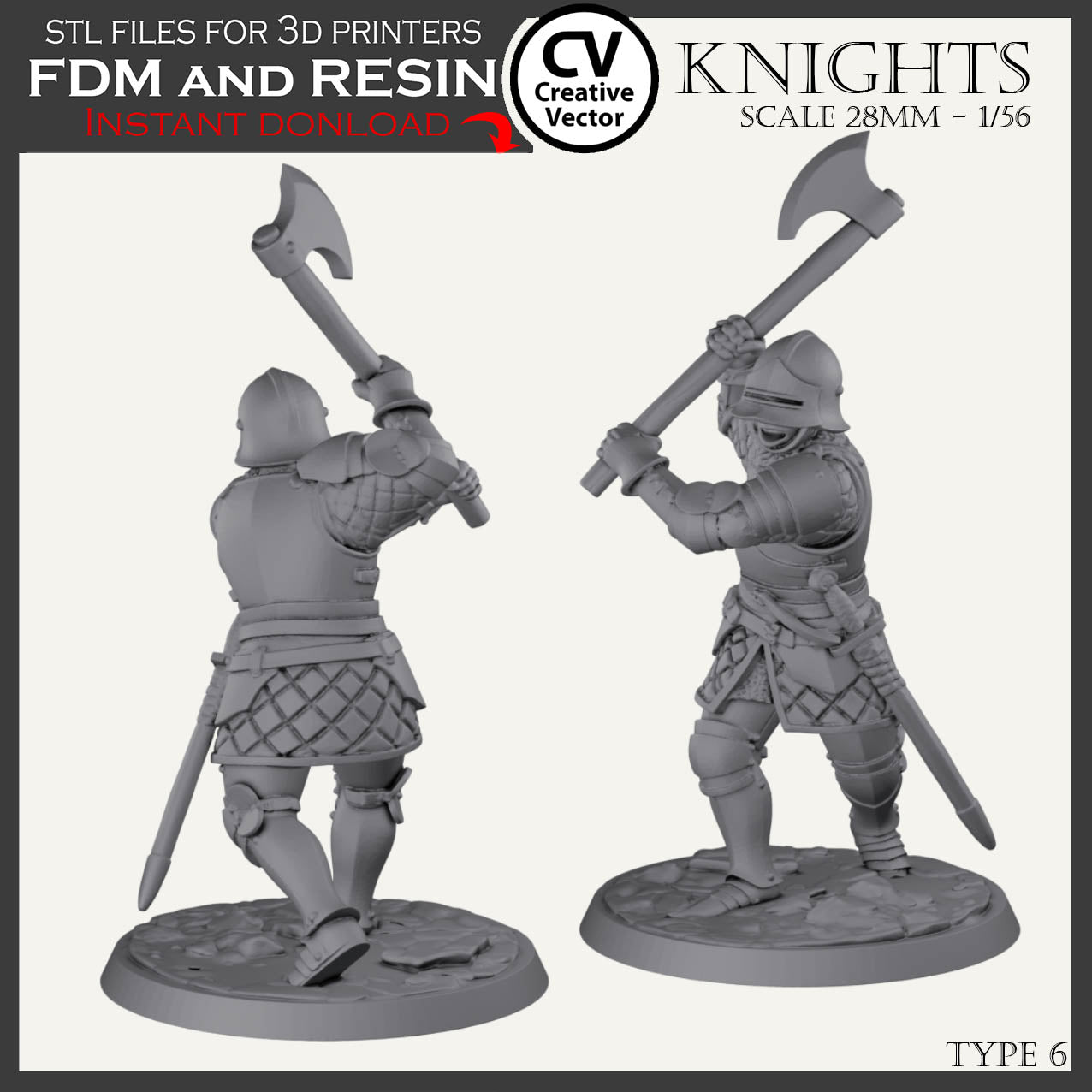 7 STL Files for 3D Printer KNIGHTS SET in scale 28mm 1/56