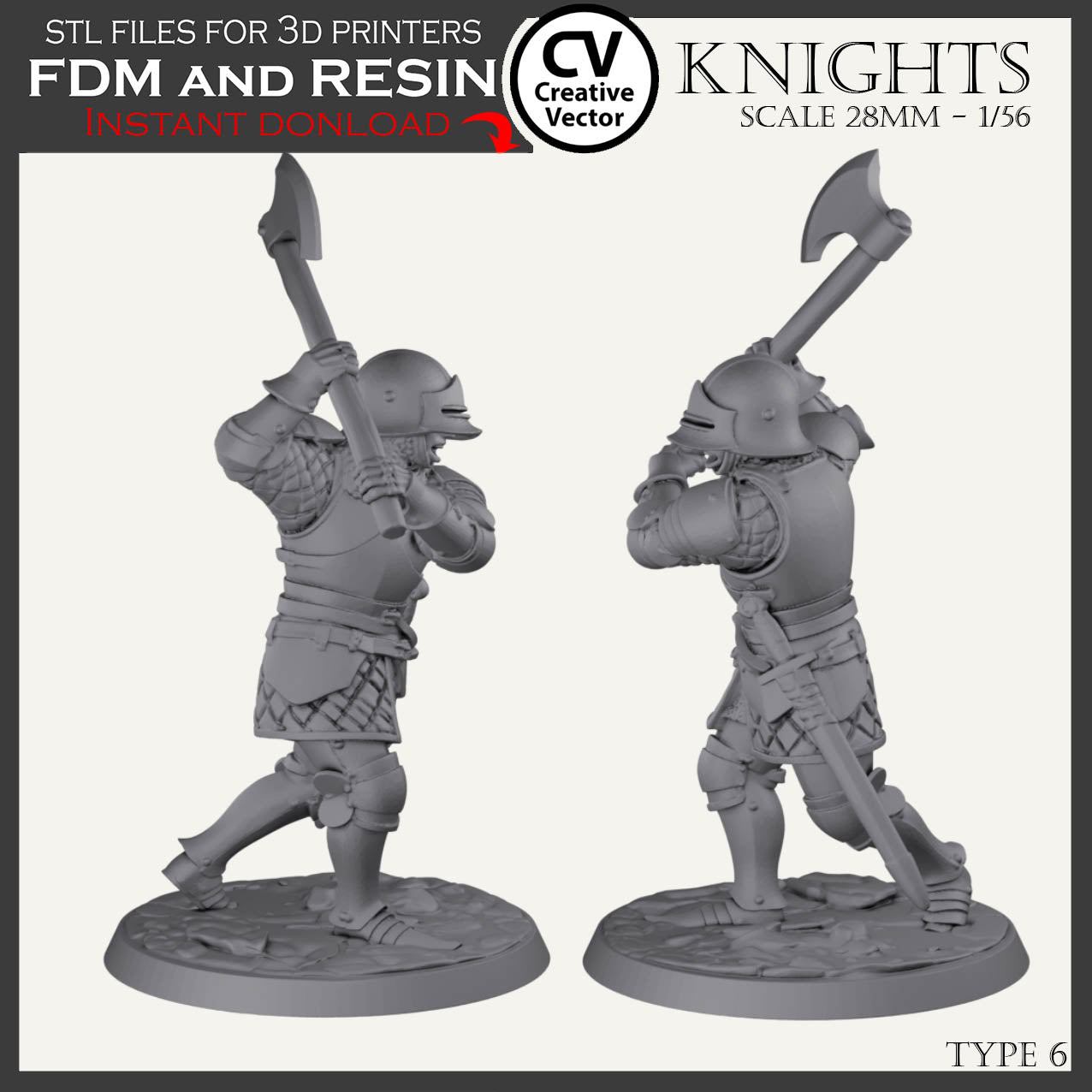 7 STL Files for 3D Printer KNIGHTS SET in scale 28mm 1/56