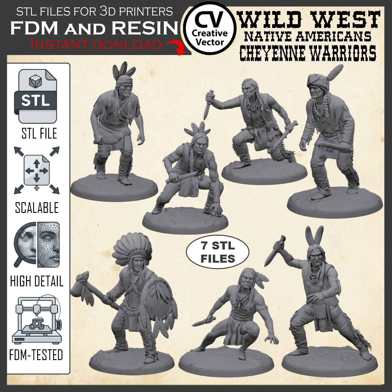 7 STL files Bundle CHEYENNE NATIVE AMERICANS Wild West for 3D Print Miniatures Indians