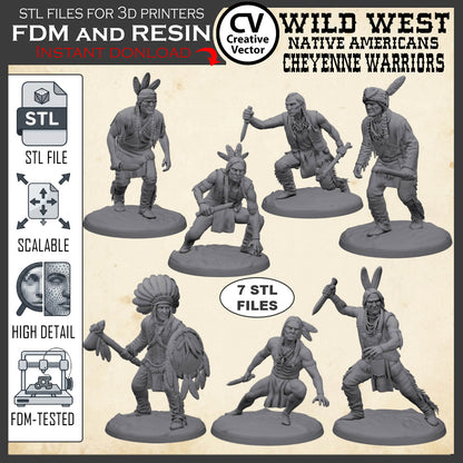 7 STL files Bundle CHEYENNE NATIVE AMERICANS Wild West for 3D Print Miniatures Indians