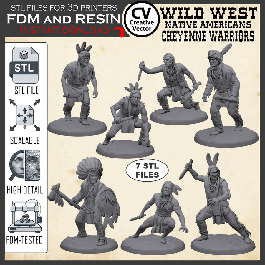7 STL files Bundle CHEYENNE NATIVE AMERICANS Wild West for 3D Print Miniatures Indians