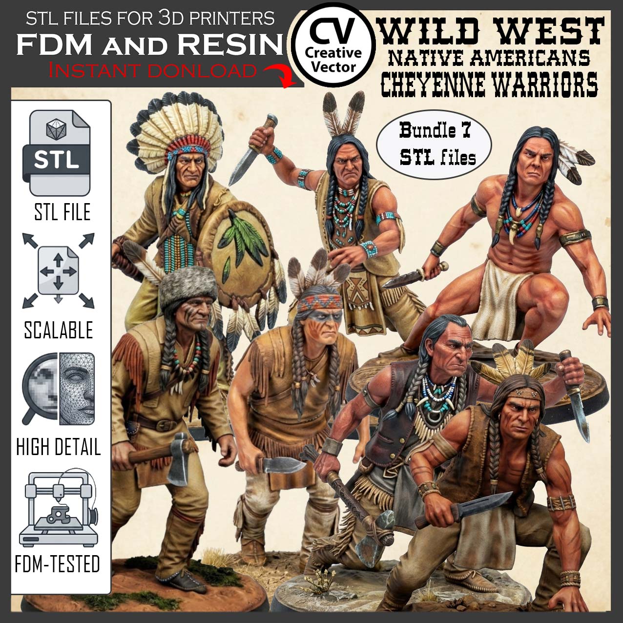 7 STL files Bundle CHEYENNE NATIVE AMERICANS Wild West for 3D Print Miniatures Indians