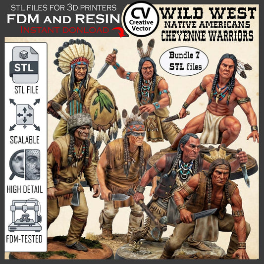 7 STL files Bundle CHEYENNE NATIVE AMERICANS Wild West for 3D Print Miniatures Indians