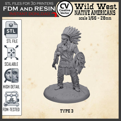 Wild West NATIVE AMERICAN CHIEF WARRIOR STL File for 3D Print Miniature Indians