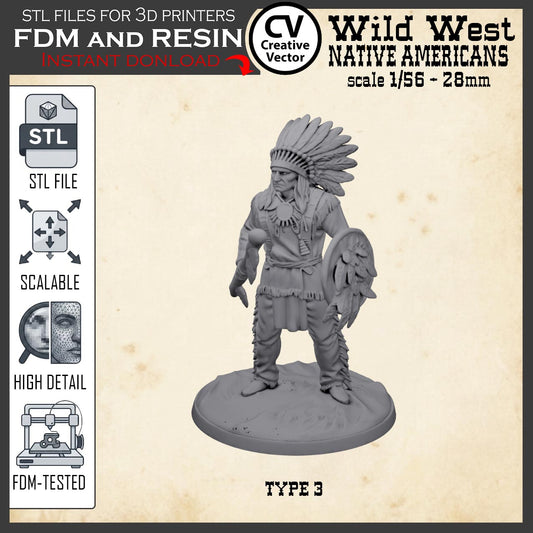 Wild West NATIVE AMERICAN CHIEF WARRIOR STL File for 3D Print Miniature Indians