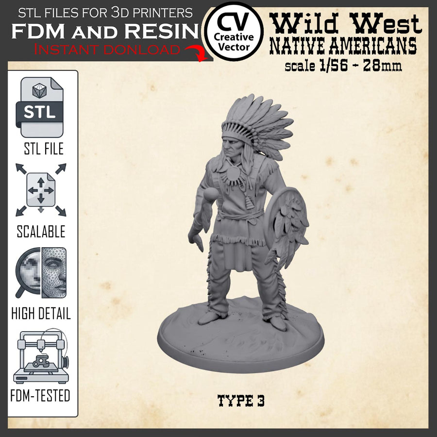 Wild West NATIVE AMERICAN CHIEF WARRIOR STL File for 3D Print Miniature Indians