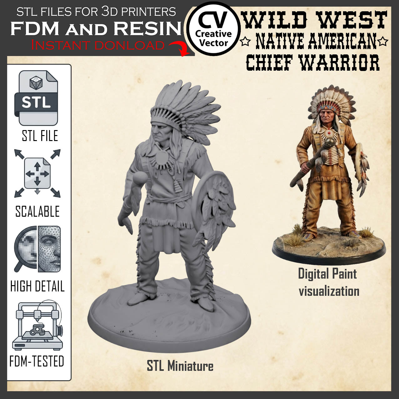 Wild West NATIVE AMERICAN CHIEF WARRIOR STL File for 3D Print Miniature