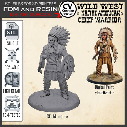 Wild West NATIVE AMERICAN CHIEF WARRIOR STL File for 3D Print Miniature