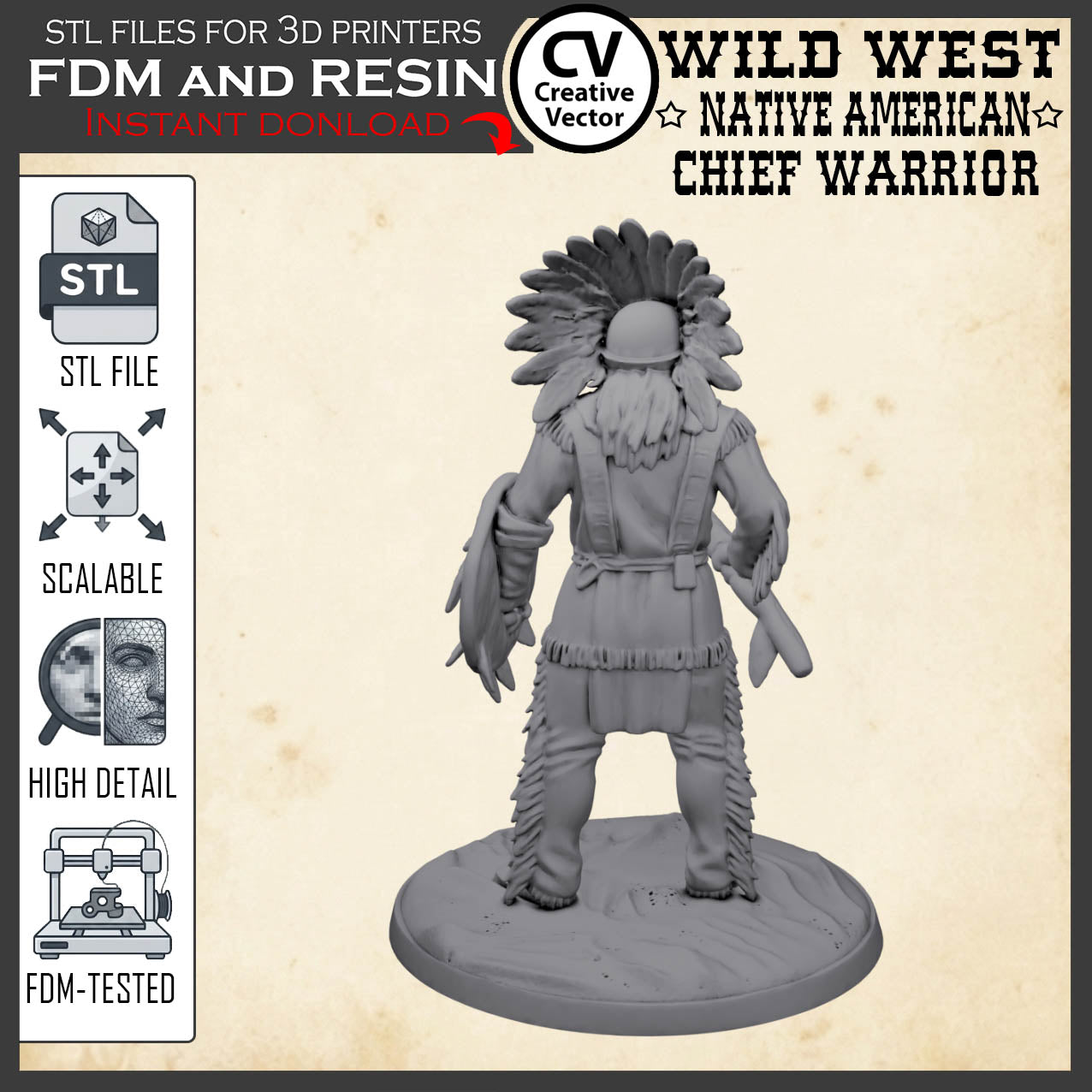 Wild West NATIVE AMERICAN CHIEF WARRIOR STL File for 3D Print Miniature