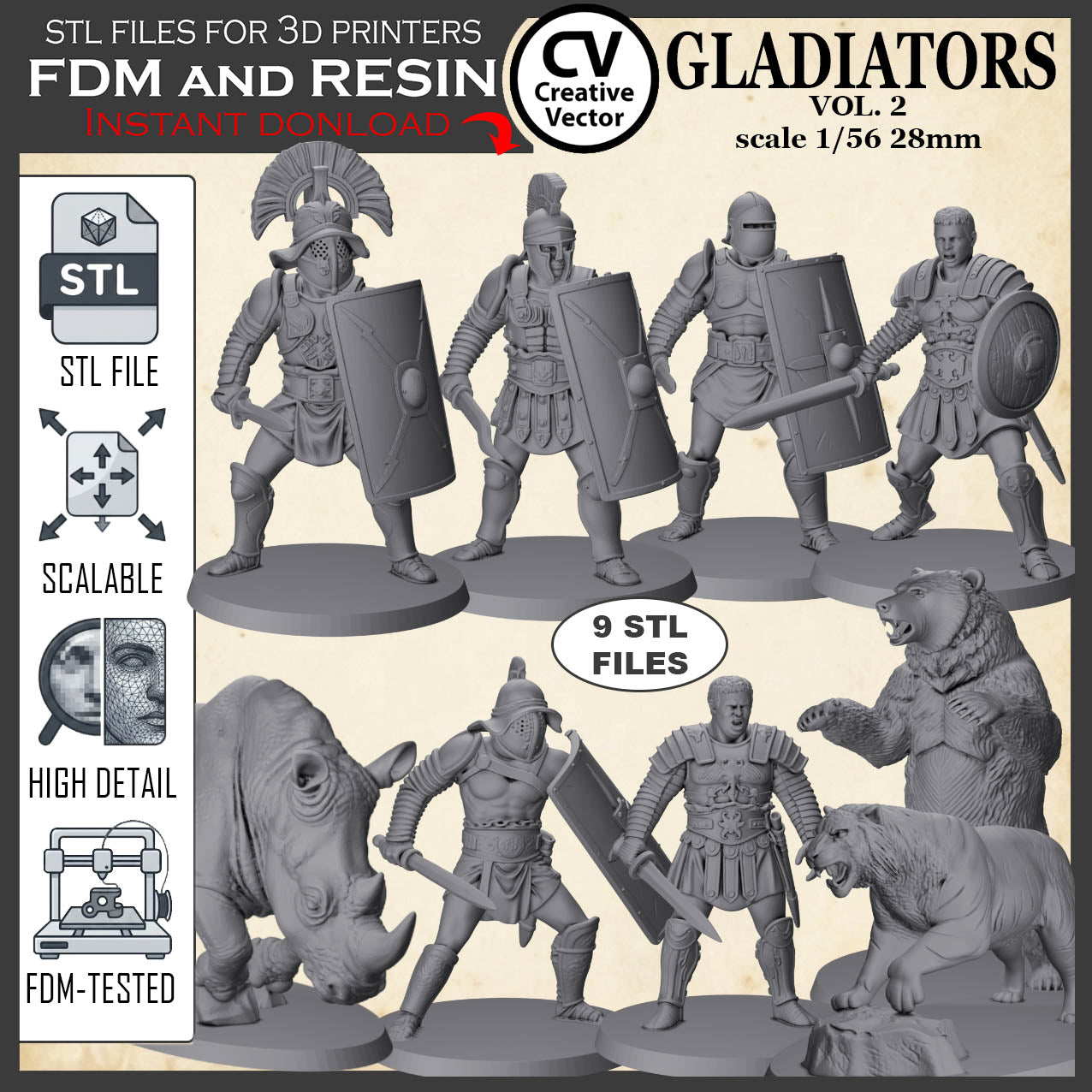 9 STL files Bundle GLADIATORS Vol. 2 - 3D Print Files STL files Miniatures