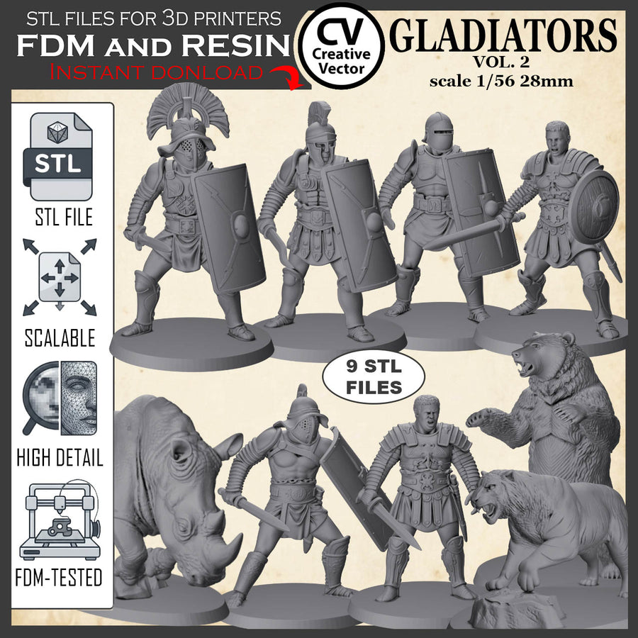 9 STL files Bundle GLADIATORS Vol. 2 - 3D Print Files STL files Miniatures