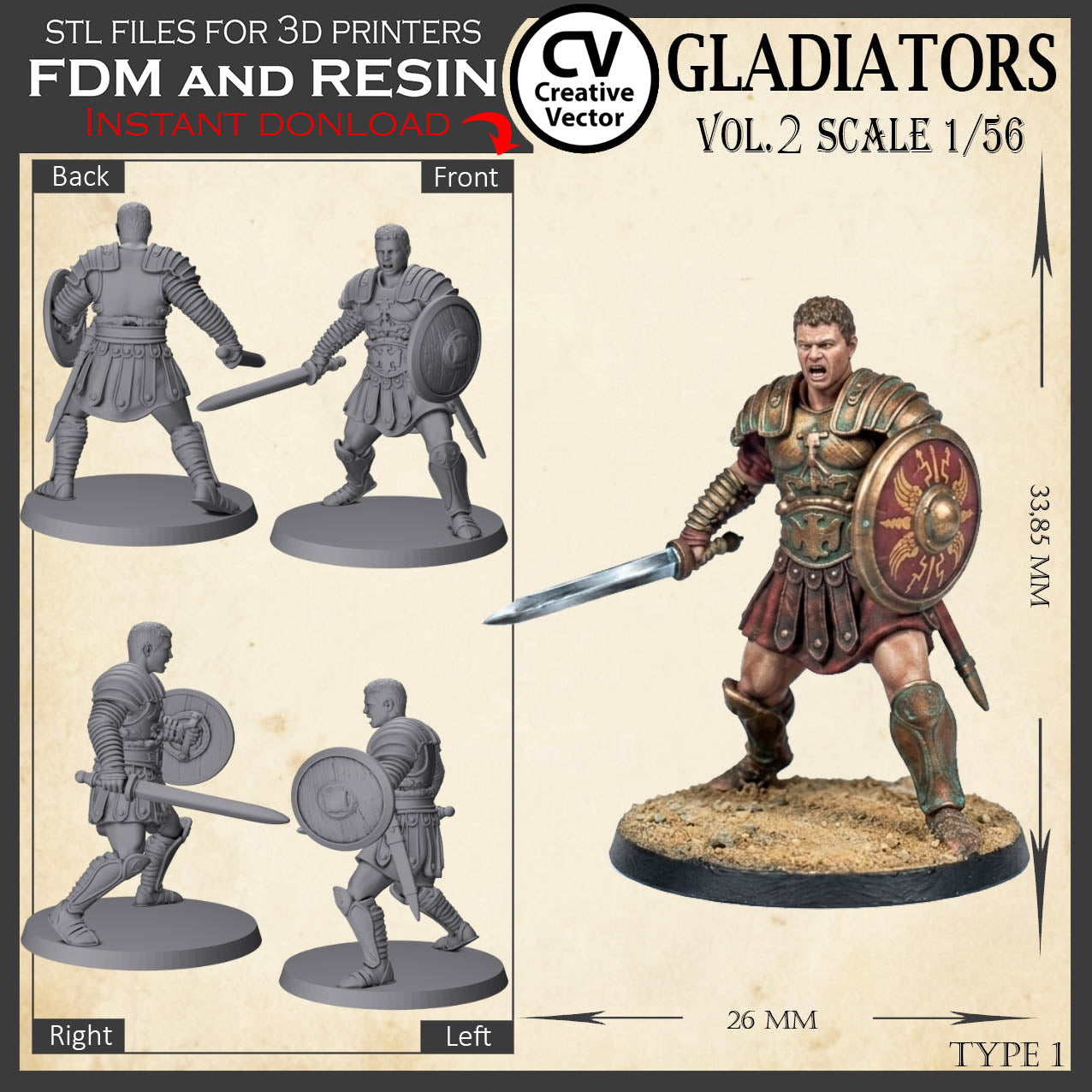 9 GLADIATORS STL Set Vol. 2 - 3D Print Files STL files in scale 28mm 1/56 on Bases