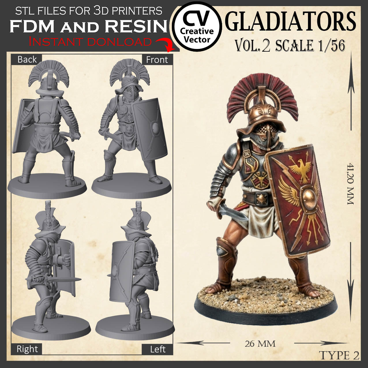 9 GLADIATORS STL Set Vol. 2 - 3D Print Files STL files in scale 28mm 1/56 on Bases