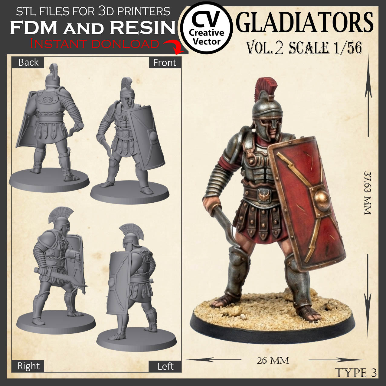 9 GLADIATORS STL Set Vol. 2 - 3D Print Files STL files in scale 28mm 1/56 on Bases