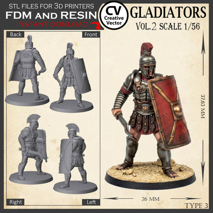 9 GLADIATORS STL Set Vol. 2 - 3D Print Files STL files in scale 28mm 1/56 on Bases