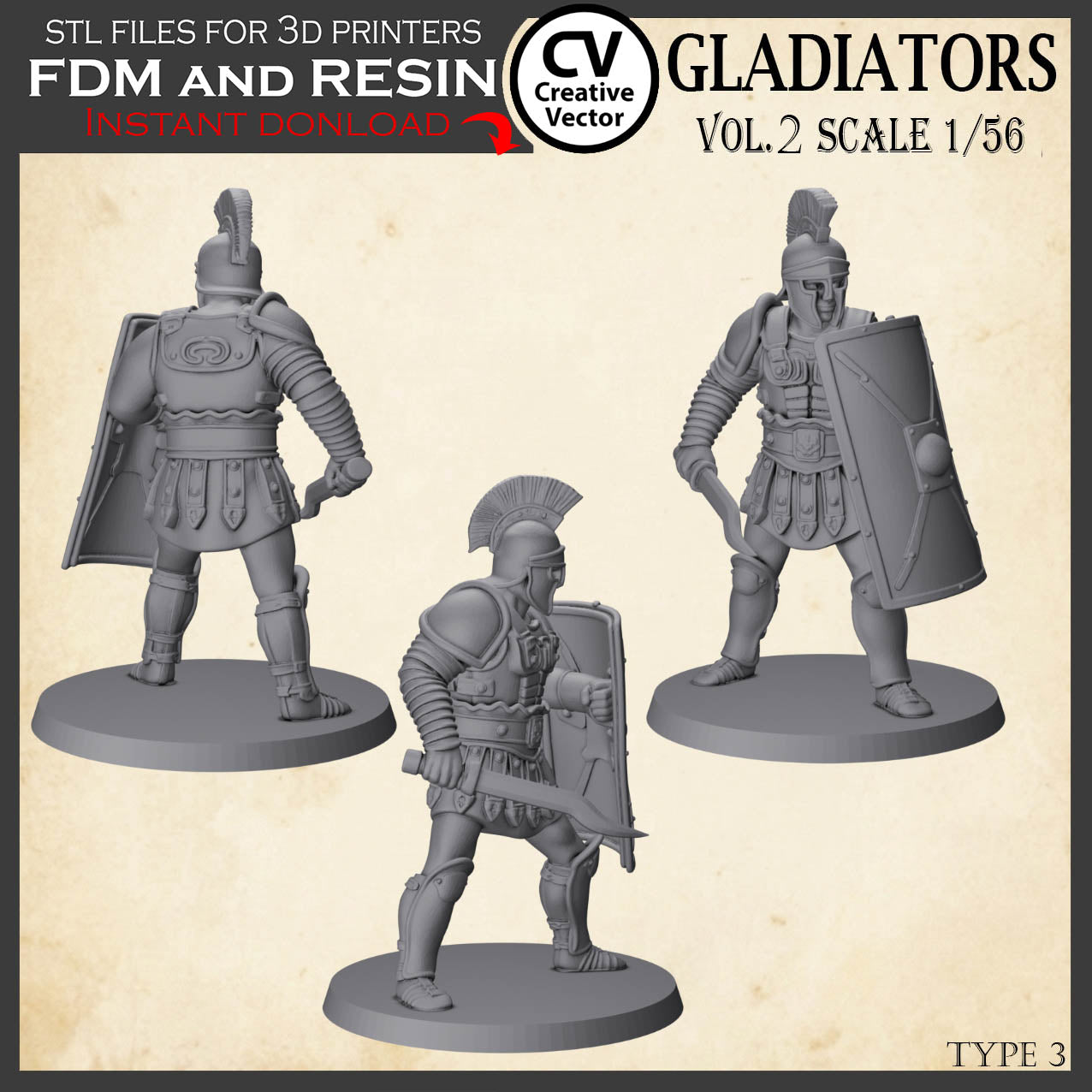 9 GLADIATORS STL Set Vol. 2 - 3D Print Files STL files in scale 28mm 1/56 on Bases