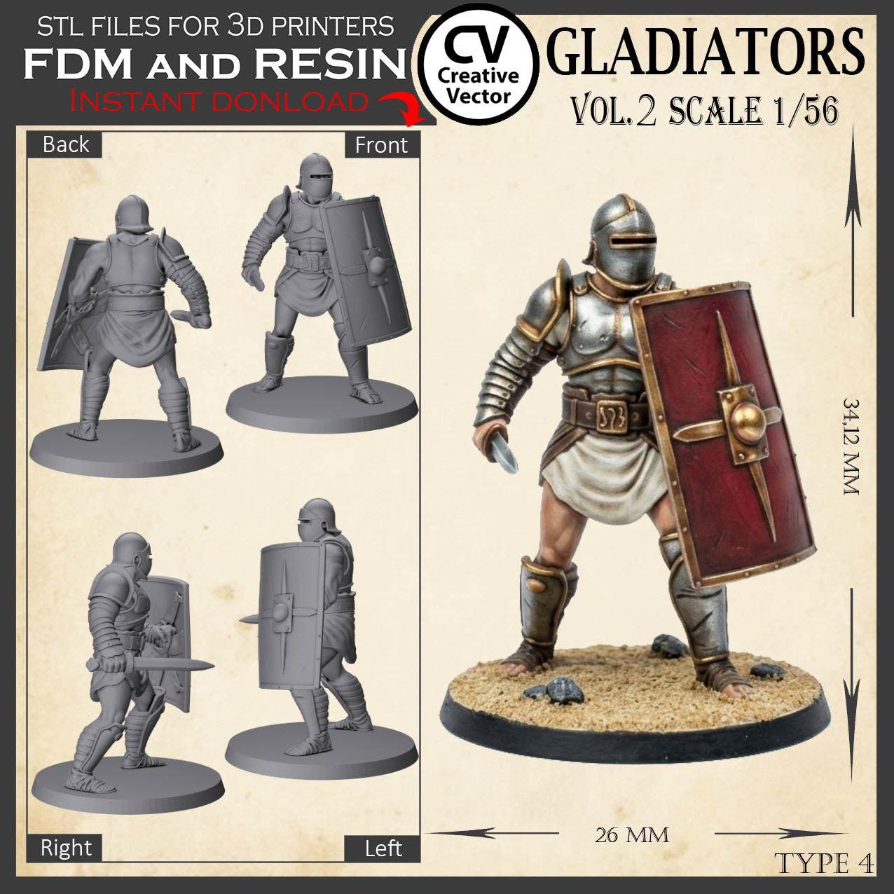 9 GLADIATORS STL Set Vol. 2 - 3D Print Files STL files in scale 28mm 1/56 on Bases