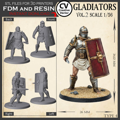 9 GLADIATORS STL Set Vol. 2 - 3D Print Files STL files in scale 28mm 1/56 on Bases