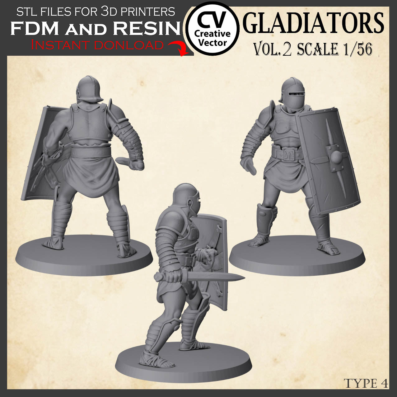 9 GLADIATORS STL Set Vol. 2 - 3D Print Files STL files in scale 28mm 1/56 on Bases