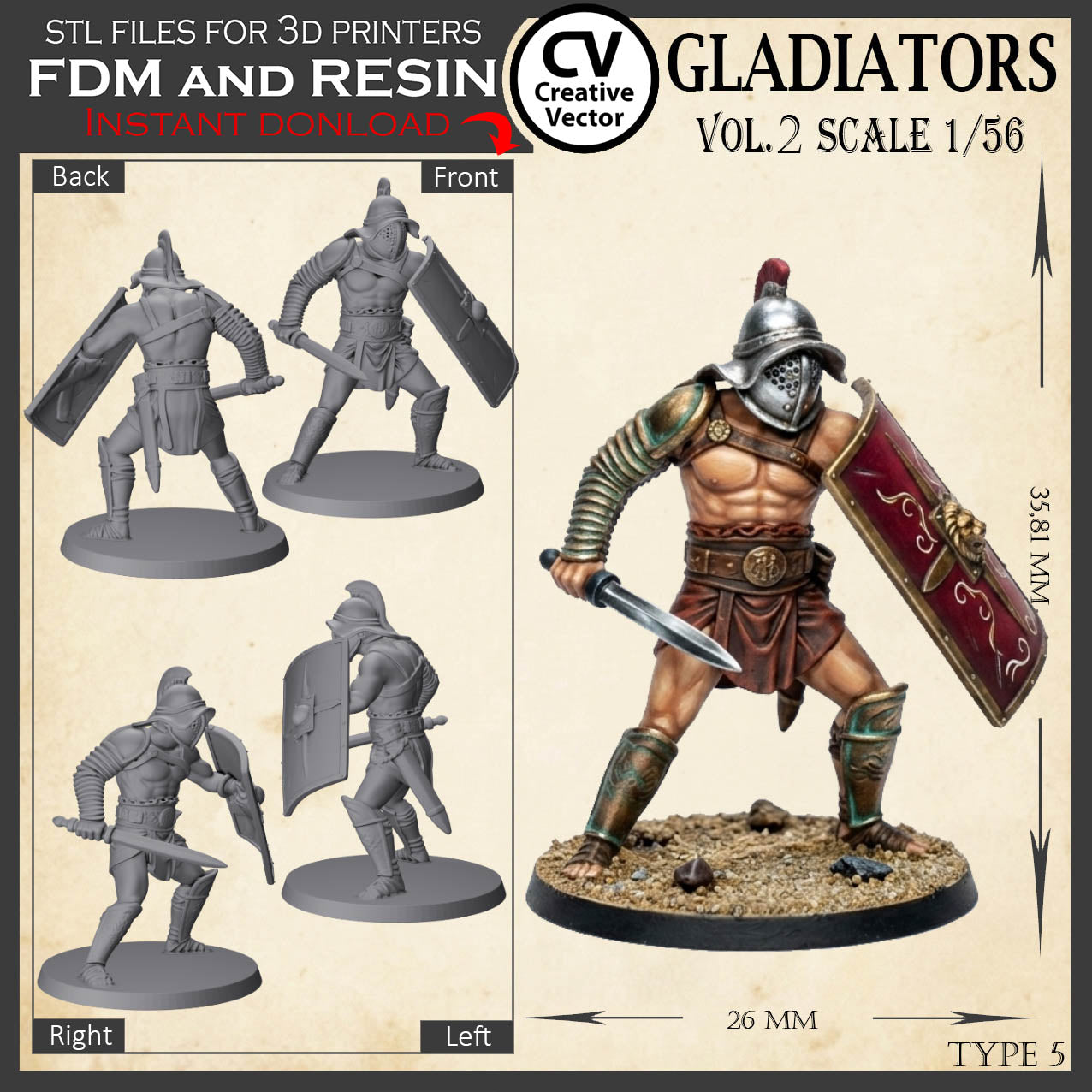 9 GLADIATORS STL Set Vol. 2 - 3D Print Files STL files in scale 28mm 1/56 on Bases
