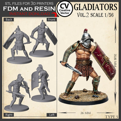 9 GLADIATORS STL Set Vol. 2 - 3D Print Files STL files in scale 28mm 1/56 on Bases