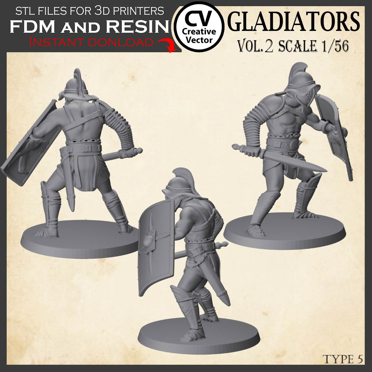 9 GLADIATORS STL Set Vol. 2 - 3D Print Files STL files in scale 28mm 1/56 on Bases