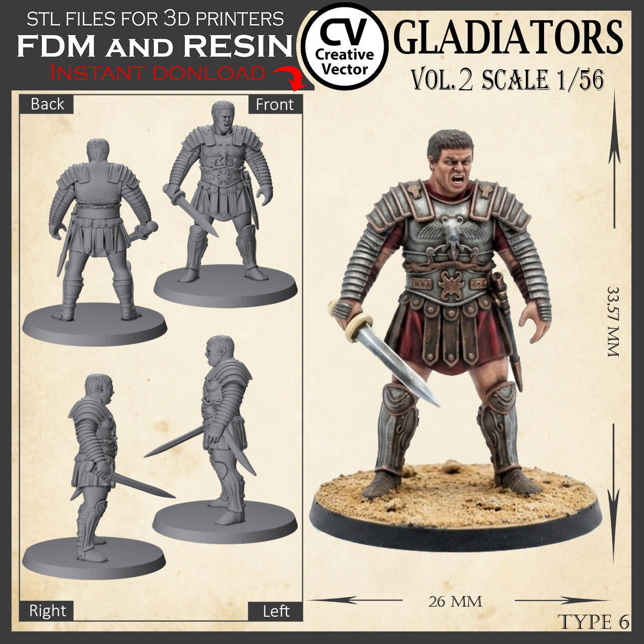 9 GLADIATORS STL Set Vol. 2 - 3D Print Files STL files in scale 28mm 1/56 on Bases