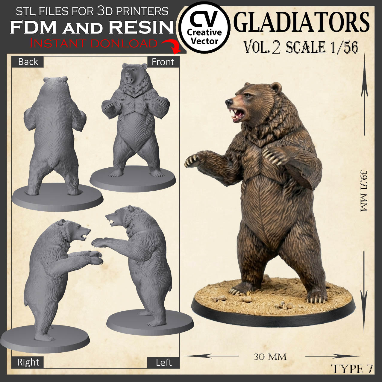9 GLADIATORS STL Set Vol. 2 - 3D Print Files STL files in scale 28mm 1/56 on Bases