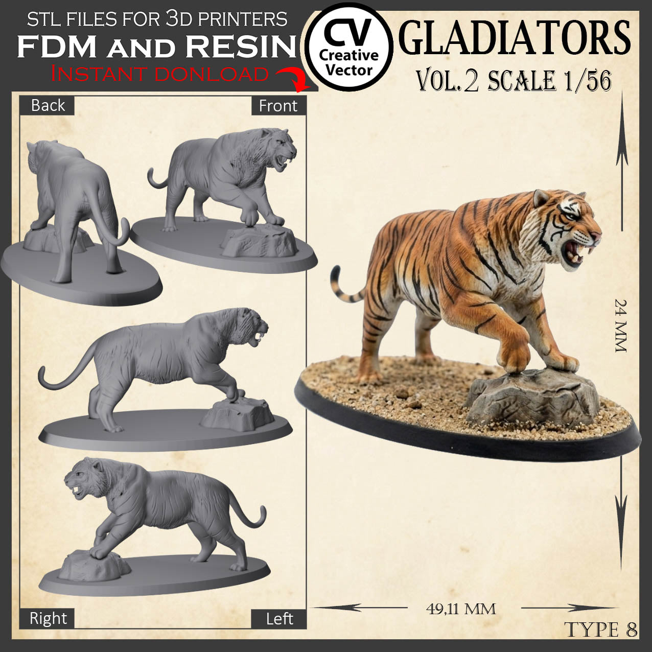 9 GLADIATORS STL Set Vol. 2 - 3D Print Files STL files in scale 28mm 1/56 on Bases